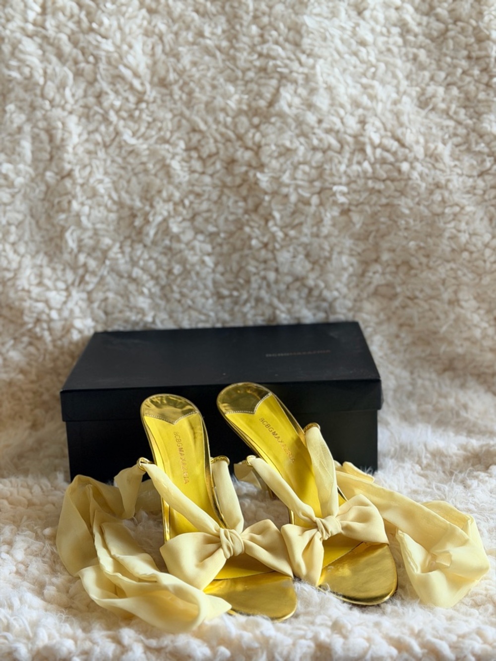 Vintage BCBG Max Azria Gold Wrap Heels Chiffon Bow Y2K Coquette Prom 8.5